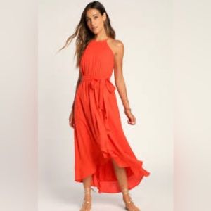 NWT Bright Expression Orange Faux-wrap ruffled Midi Dress